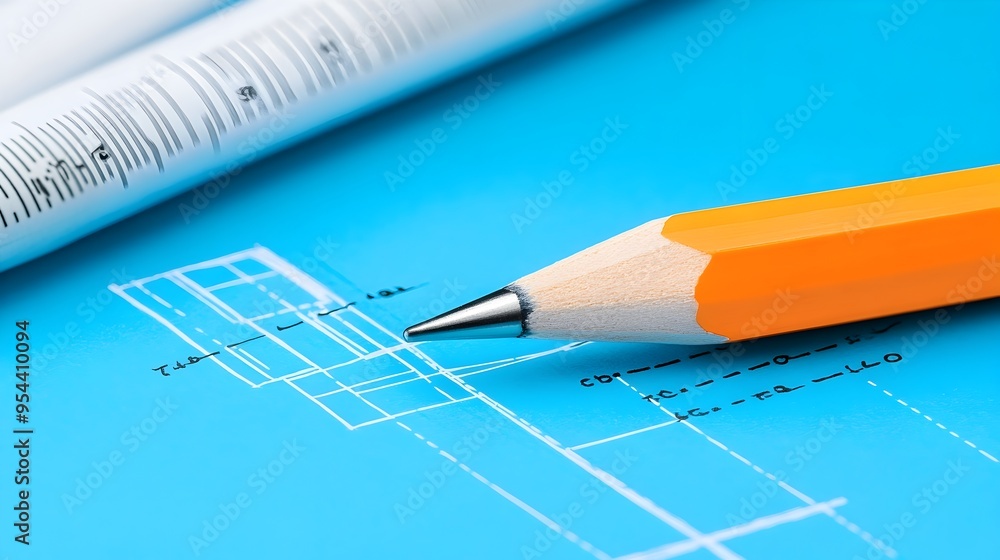 Poster architectural blueprint with ruler and pencil representing design planning in paper cut art