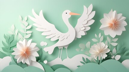 Fototapeta premium Adorable Paper Cut Stork Delivering Baby at Baby Shower