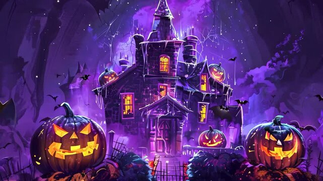 Graphic t-shirt design style halloween haunted house. Pumpkin heads and flying bats. Purple background