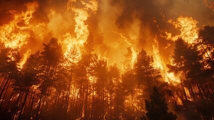 Naklejka premium Wildfire: An uncontrollable blaze that rapidly moves through forests or grasslands due to dry conditions and high winds, often resulting in large evacuations. 