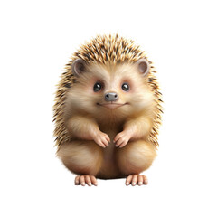 A cute, cartoon-style hedgehog with brown and white fur, sitting with its front paws tucked in, looking at the camera with a slight smile.