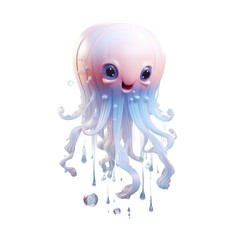 A cute, cartoon-style jellyfish with a friendly face and long, flowing tentacles.