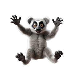 A cute, cartoon-style lemur with big eyes, raised arms, and a playful expression.