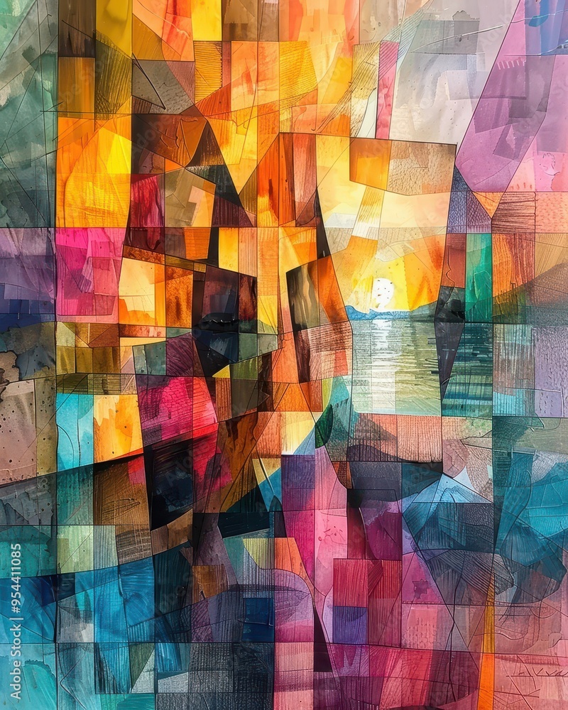 Aufkleber vibrant abstract artwork with colorful geometric shapes and a serene sunset reflecting in water, cre