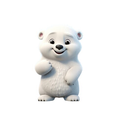A cute, cartoon-style polar bear cub with a white fluffy coat, standing on its hind legs, with a big smile, and looking directly at the camera.