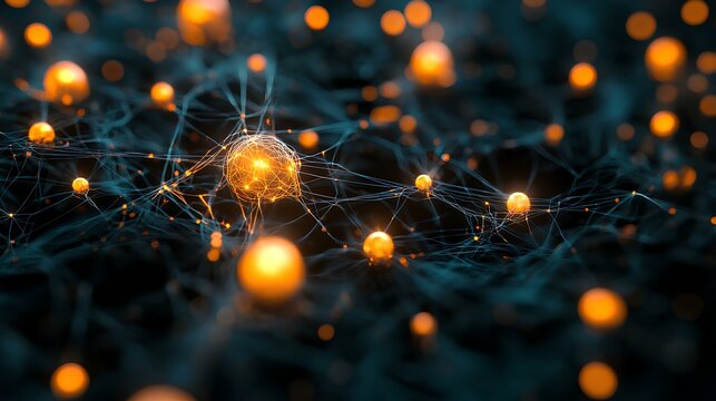 Dark-themed neural network concept with glowing nodes forming intricate, abstract patterns