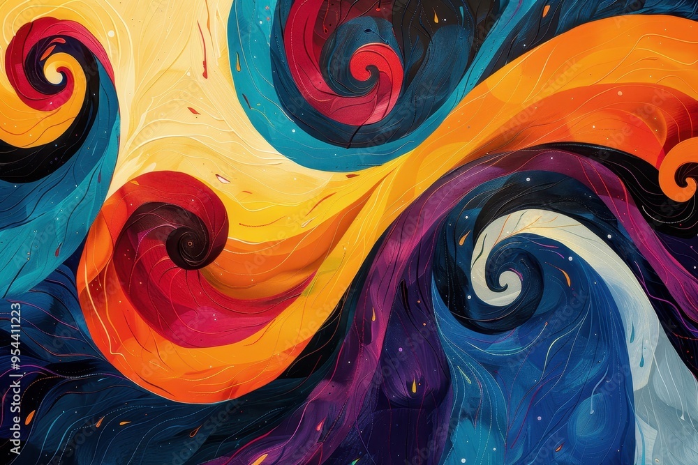 Poster vibrant abstract swirl design featuring bold colors and fluid shapes, creating an energetic and dyna