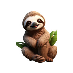 Obraz premium A cute, cartoon-style sloth sitting on a branch with a happy expression, surrounded by green leaves.