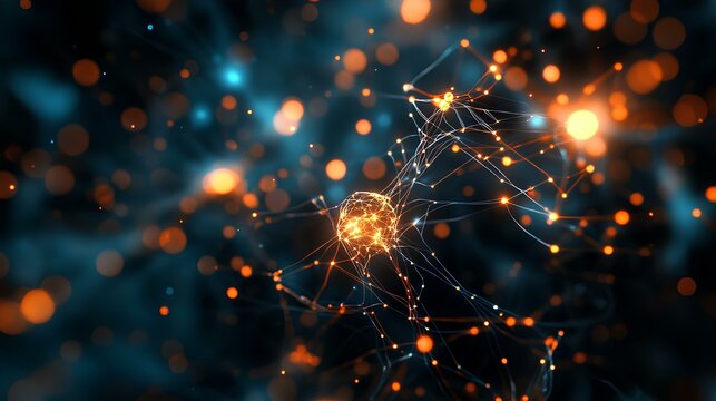 Dark-themed neural network concept with glowing nodes forming intricate, abstract patterns