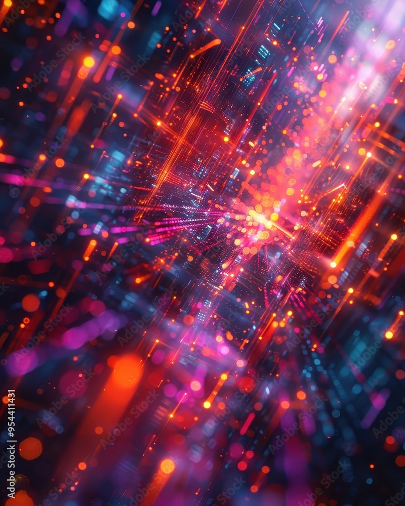 Poster vibrant digital abstract design with bright colors and glowing particles, creating an energetic and 