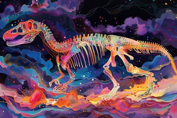 Vibrant dinosaur skeleton illustration, blending science and art in a colorful cosmic scene filled with swirling colors.