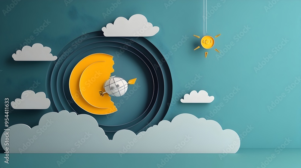 Poster circular weather radar waves in paper cut art visualizing climate data