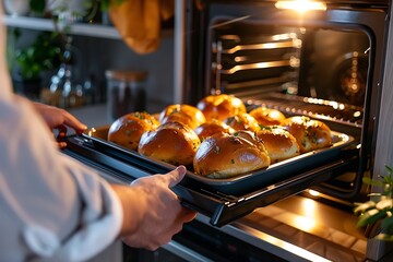 Taking fresh baked buns from the electric oven in the kitchen
