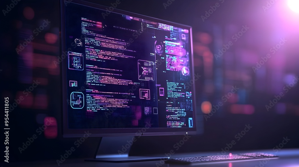 Aufkleber Coding Symbols on Computer Monitor Representing Tech Business in Paper Cut Style