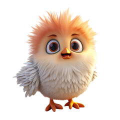 A cute, fluffy chick with big eyes and a surprised expression.