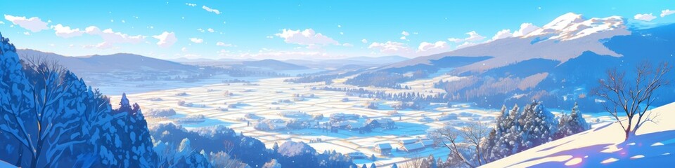 Fototapeta premium Enchanting Hokkaido Winter Wonderland: Anime-Style Abstract Art for Travel Marketing and Home Decor. Romantic Snowy Landscape with Soft Colors, Perfect for Game Design, Storybook Illustrations, and 4K