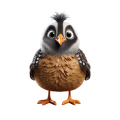 Obraz premium A cute, fluffy, cartoon-style baby bird with large eyes, black and white markings and orange beak on a black background.
