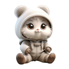 A cute, fluffy, white bear wearing a hooded jumpsuit sits on a black background.