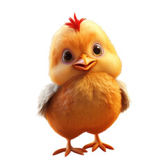 Obraz premium A cute, fluffy, yellow chick with big, dark eyes and a red comb on its head. It is standing on two yellow legs and has a small, white wing.