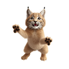 Obraz premium A cute, fluffy, young lynx kitten with a big, friendly smile, standing on its hind legs and reaching out with its paws.