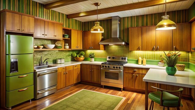 Retro 1970s kitchen features avocado green appliances, harvest gold countertops, and a warm wood-paneled wall, evoking a nostalgic and cozy atmosphere of a bygone era.