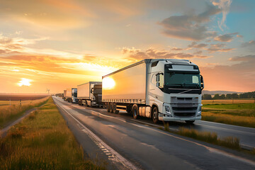 Trucks on the highway at sunset