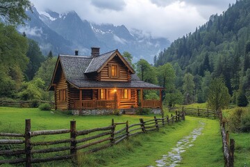 Obraz premium Luxurious log cabin nestled in a tranquil mountain landscape at twilight