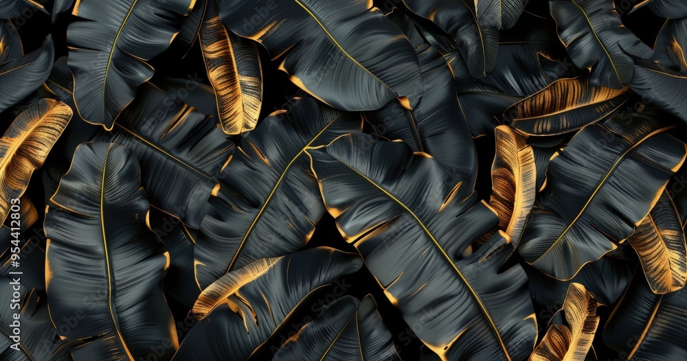 Poster a dense arrangement of dark leaves with golden edges, creating a striking visual pattern.