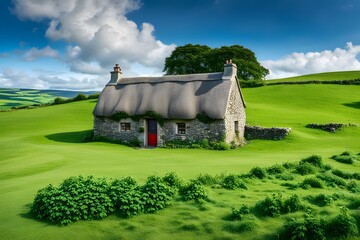 A picturesque irish countryside with rolling green hills a small stone cottage and a field of cloves, AI Generated