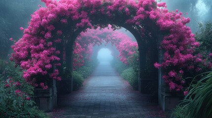 Fototapeta premium Beautiful pathway covered with purple flowers leading to a mysterious forest