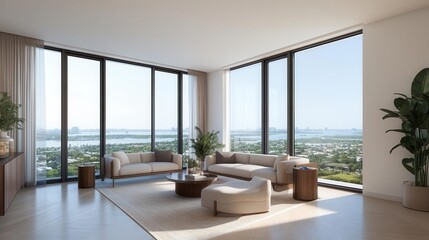 Fototapeta premium A living room with a panoramic view, floor-to-ceiling windows, and comfortable seating, living room, panoramic view, windows