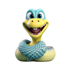 Fototapeta premium A friendly cartoon snake with big eyes and a toothy grin, coiled up in a playful pose, rendered in 3D with a yellow and blue color scheme.