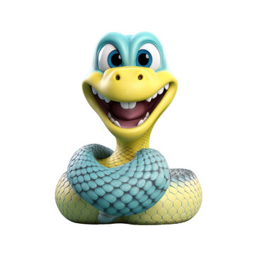 A friendly cartoon snake with big eyes and a toothy grin, coiled up in a playful pose, rendered in 3D with a yellow and blue color scheme.