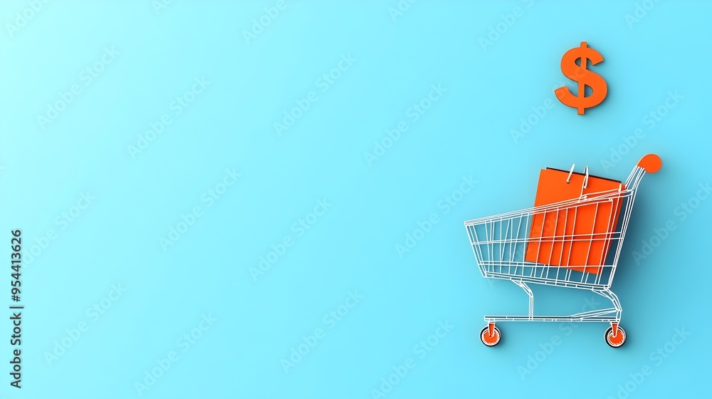 Poster digital shopping cart with dollar sign representation in paper cut design