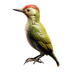 Fototapeta premium A green woodpecker with a red head and black speckles on its feathers, perched on a branch against a black background.