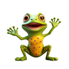 Fototapeta premium A green frog with large eyes, a big smile, and spots on its body is waving hello.