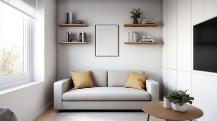 A small apartment living room with a compact sofa, multifunctional furniture, and wall-mounted shelves, living room, small space, multifunctional