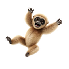 Obraz premium A happy, light brown gibbon monkey with large eyes and a wide smile jumps in mid-air with its arms and legs outstretched.
