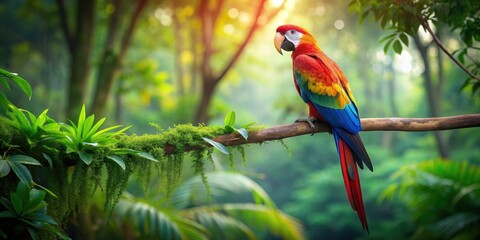 Colorful parrot perched on a branch in lush rainforest setting, parrot, bright, colorful, feathers, bird, tropical, rainforest