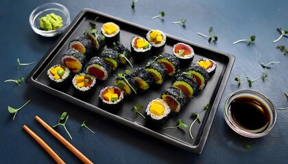 Rainbow Vegan Sushi with Avocado and Mango. Vegan Sushi Rolls with Beetroot and Asparagus