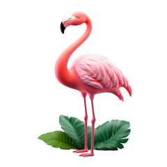 Fototapeta premium A pink flamingo stands on its long legs with its neck curved in an S shape. Green leaves are at its feet.