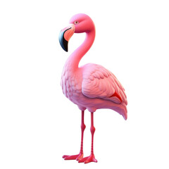 Fototapeta premium A pink flamingo standing on one leg with its head turned to the side, isolated on a black background.