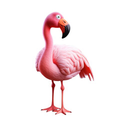 Obraz premium A pink flamingo with a black beak stands on a white background.