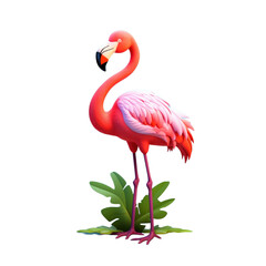 Fototapeta premium A pink flamingo stands on one leg with green leaves surrounding it on a black background.