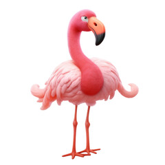 A pink flamingo with a long neck and long legs stands on a black background.