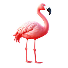 A pink flamingo with long legs and a long neck stands on a white background.