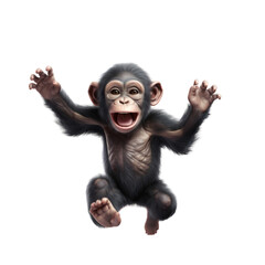 Naklejka premium A playful chimpanzee with its arms outstretched, a wide open mouth and a joyful expression, isolated against a black background.