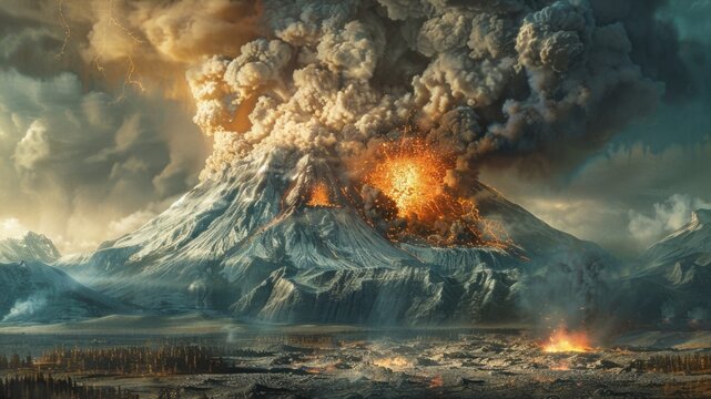 Volcanic Eruption: A dramatic release of magma, ash, and gases from a volcano, causing pyroclastic flows, widespread ashfall, and possible climate impact.
