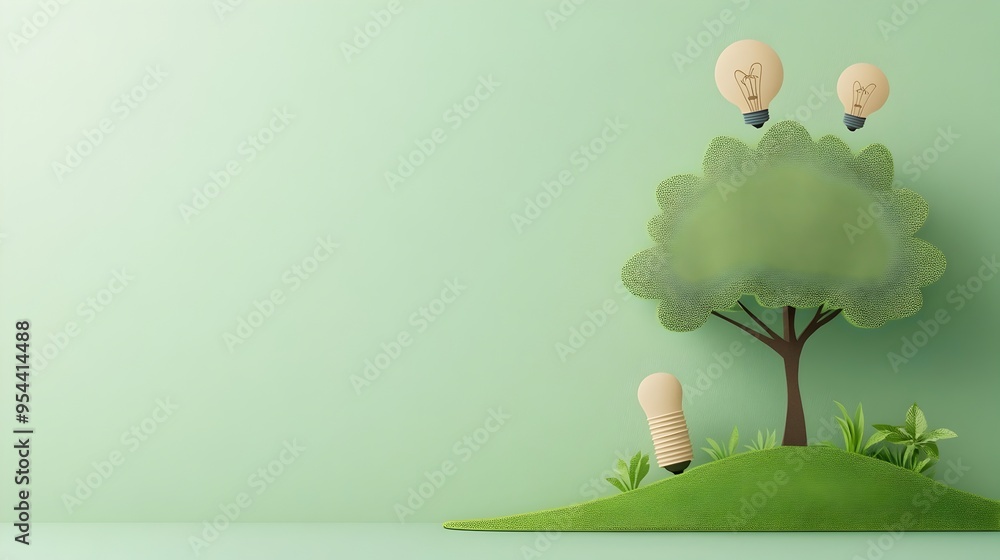 Poster eco friendly tree with lightbulb leaves in paper cut style symbolizing renewable energy