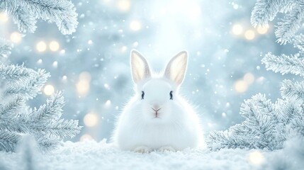   White rabbit snowflakes fir trees lights background